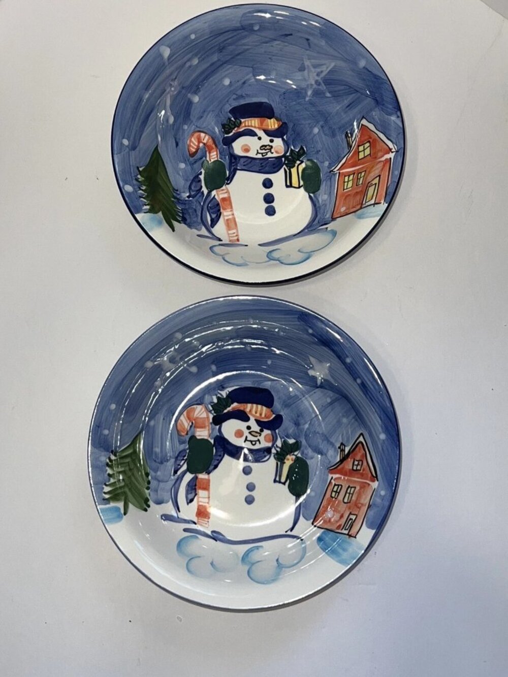 Winter Holiday Christmas Snowman Bowls 8.5β Hand painted Set Of 2 Bowls